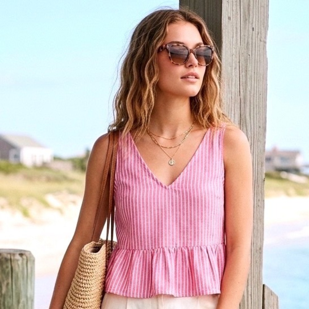 Abound Womens Linen Blend V Neck Cropped Top Medium Striped Babydoll Boho Resort